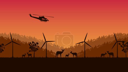 Illustration for Silhouette of deer animal and wind turbine on orange gradient background - Royalty Free Image