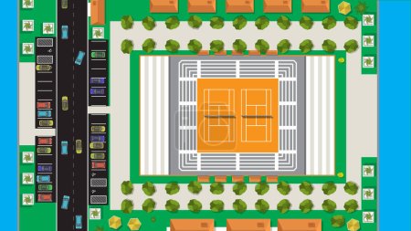 vista superior de dibujos animados planos del vehículo de coche con la ciudad y el estadio deportivo de pista de arcilla de tenis