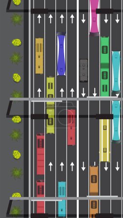 Ilustración de Vista superior del tránsito del autobús del atasco de tráfico en la carretera del carril múltiple, vista de arriba - Imagen libre de derechos