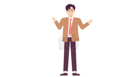 flat character of young man character with brown blazer suit explaining pose