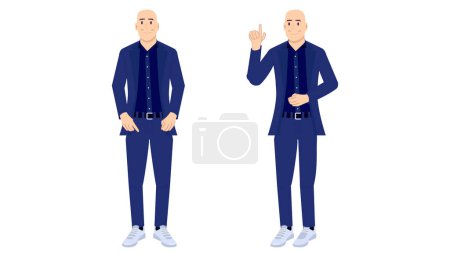 flat character of bald head guy with blue suit blazer outfit happy standing pose