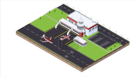 isometric scene of transport airplane and control tower terminal