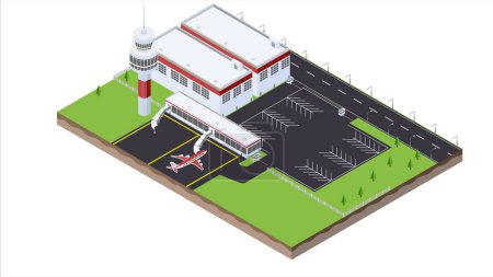 isometric scene of transport airplane and parking lot and barrier gate at airport