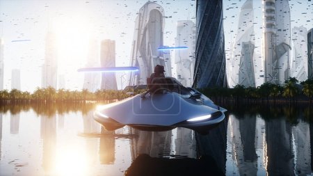 3D-Mädchen und fliegendes Elektroauto in futuristischer Stadt. Zukunftskonzept. 3D-Darstellung