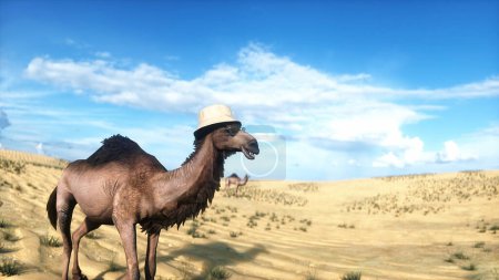 Lustige Kamelwanderung in der Wüste. 3D-Darstellung