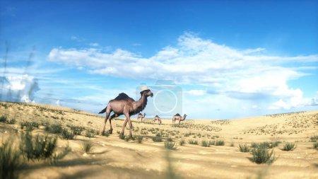 Camello gracioso caminando en el desierto. renderizado 3d