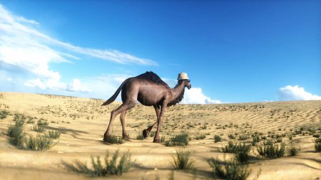 Lustige Kamelwanderung in der Wüste. 3D-Darstellung