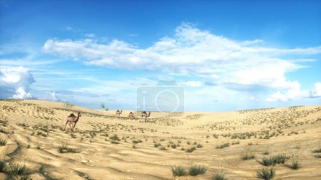 Camel walking in desert. Sahara. 3d rendering