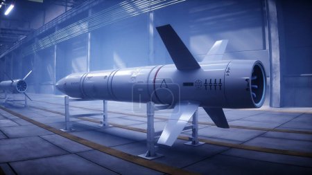 Fábrica de cohetes tácticos militares, línea de producción. Concepto de guerra 3d renderizado