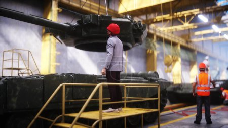 Production of military russian battle tank T 90 at the factory. Military factory weapon. 3d rendering