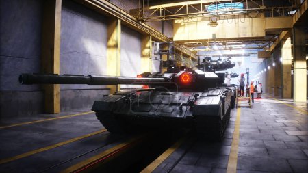 Production du char de combat militaire russe T 90 à l'usine. Arme d'usine militaire. Rendu 3d