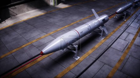 Fábrica de cohetes tácticos militares, línea de producción. Concepto de guerra 3d renderizado