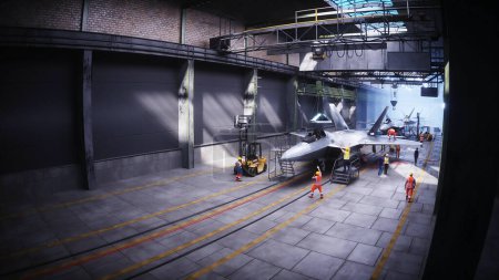 Production d'avions de chasse militaires raptor f 22 à l'usine. Arme d'usine militaire. Rendu 3d
