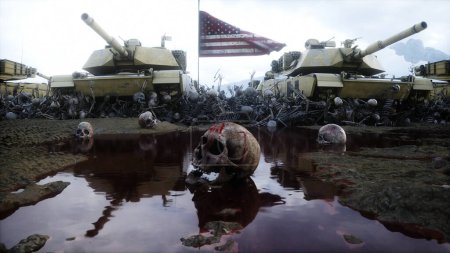 Amerikanische Militärpanzer Abrams und Totenköpfe. Hilfe für die Ukraine. Antikriegskonzept. 3D-Darstellung