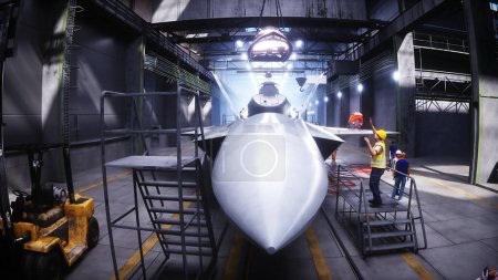 Production of military fighter jet f 22 raptor at the factory. Military factory weapon. 3d rendering