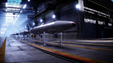 Military tactic rocket factory, production line. War concept 3d rendering