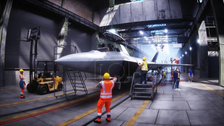 Production of military fighter jet f 22 raptor at the factory. Military factory weapon. 3d rendering