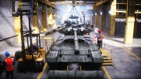 Production of military russian battle tank T 90 at the factory. Military factory weapon. 3d rendering
