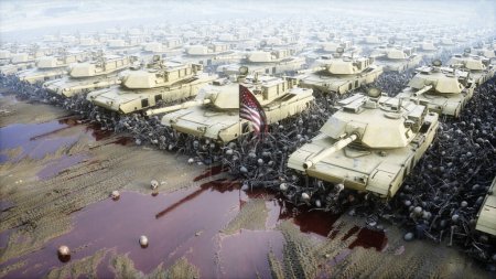 Amerikanische Militärpanzer Abrams und Totenköpfe. Hilfe für die Ukraine. Antikriegskonzept. 3D-Darstellung