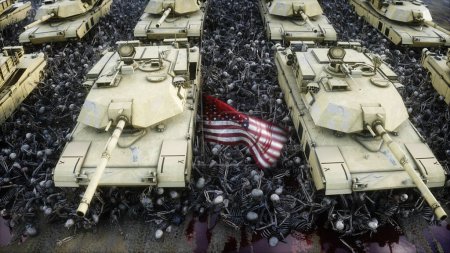 American military tanks Abrams and skulls. Help for ukraine. Anti war concept. 3d rendering