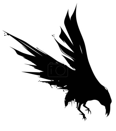 The bird is drawn with splashed ink. Black flying bird. Crow.