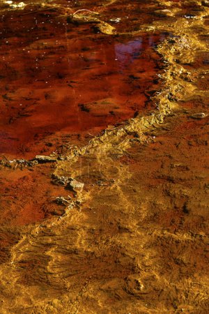 Close-up of iron sulfate formations creating a mosaic of reds and oranges in the Rio Tinto's waters