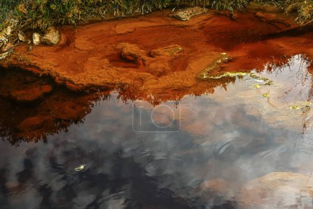 The Rio Tinto in Huelva, Spain, exhibits striking red and orange iron-rich deposits and green microorganism traces