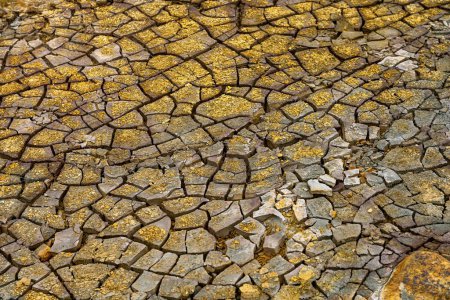 The parched soil of Rio Tinto is a mosaic of cracked earth interspersed with bright mineral deposits