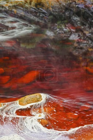 Rich, rust-colored waters of Rio Tinto reflecting the verdant riverside landscape in a serene setting