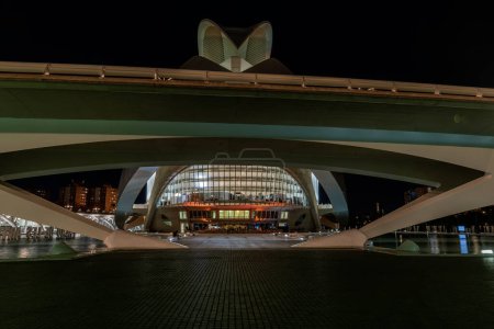 Illuminated view of the City of Arts and Sciences, showcasing modern design against the night sky
