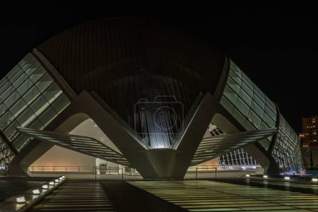 Vista iluminada de la Ciudad de las Artes y las Ciencias, mostrando un diseño moderno contra el cielo nocturno