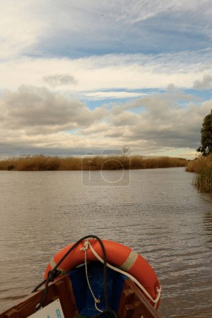View from a boat gliding through the calm waterways of Albufera Valencia, lined with reeds and a cloud-dappled sky above