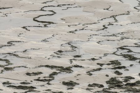 Komplizierte Gezeitenmuster und Sandstrukturen, die durch das Ebben des Wassers in Vila Nova de Milfontes, Portugal, entstehen. Ein einzigartiges und natürliches Design der Küstenstreitkräfte.