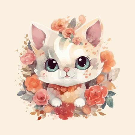 Téléchargez les illustrations : Mignon dessin animé bébé chat aquarelle illustration design - en licence libre de droit