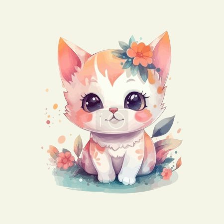 Cute cartoon baby cat watercolor illustration design