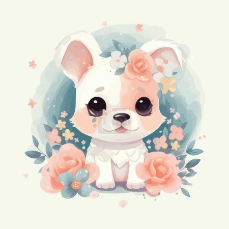 Téléchargez les illustrations : Mignon dessin animé kawaii bébé chien aquarelle illustration design - en licence libre de droit