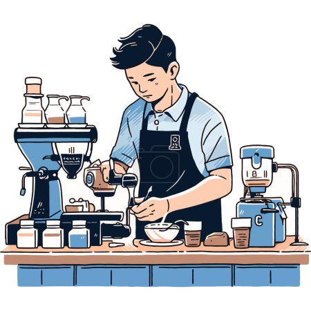 Illustration for A barista creating latte art in a bustling cafe, vector illustration - Royalty Free Image