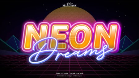 Neon Dreams Text mit retro-futuristischer Grafik mit Nachthimmel, Gitterlinien und glühenden Effekten.