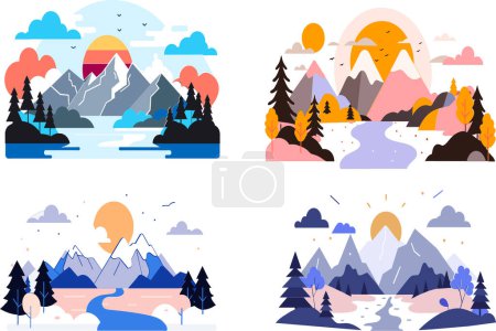 Four diverse mountain landscapes representing different seasons.