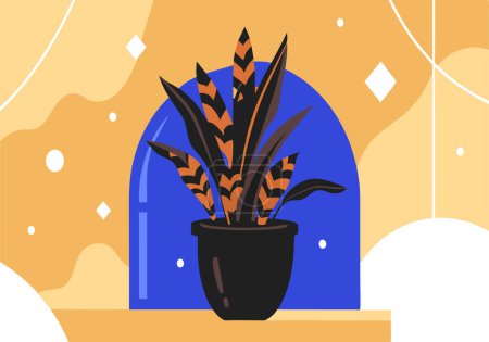 A plant in a black pot sits on a shelf in front of a blue window. The plant is surrounded by a blue background, which gives the image a calm and peaceful mood