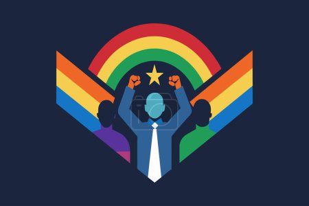 Illustration for Silhouetted figures with raised fists under a rainbow. - Royalty Free Image