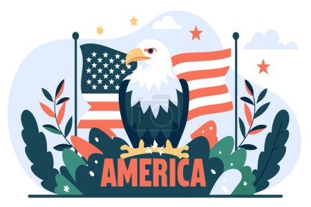 Bald eagle and U.S. flag in patriotic graphic illustration.
