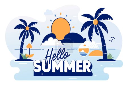 Paisaje tropical ilustrado con texto Hello Summer.