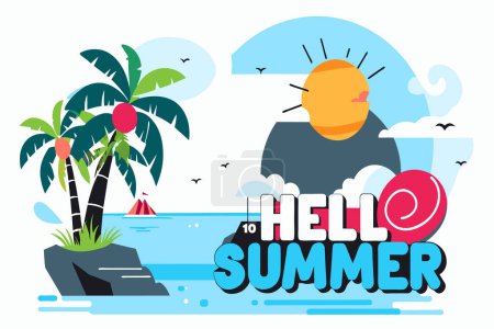Ilustración de Tropical beach with Hello Summer text, setting sun, palms, and sea. - Imagen libre de derechos