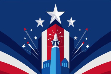 Un emblème américain stylisé avec feux d'artifice et couleurs patriotiques.