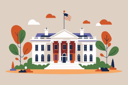 Stylized White House illustration with flag and autumn foliage.