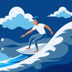 A man is surfing on a wave in the ocean. The sky is cloudy and the water is blue