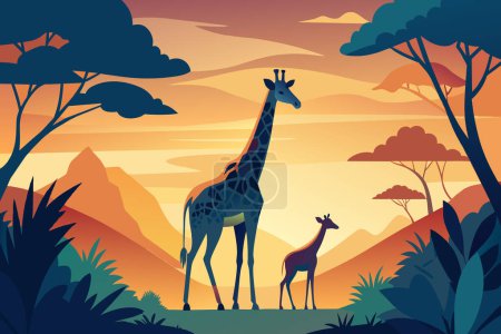 Téléchargez les illustrations : Coucher de soleil serein sur une savane africaine, avec deux girafes au milieu d'un feuillage luxuriant. - en licence libre de droit