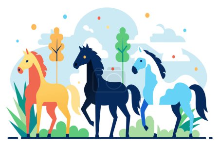 Téléchargez les illustrations : Un trio de chevaux colorés et stylisés se dresse au milieu d'un feuillage abstrait. - en licence libre de droit