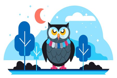 Stylized owl sits on a stump at night with moon and trees in the background.